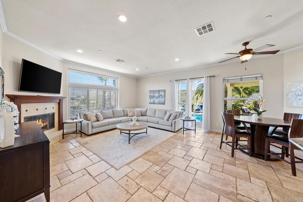 Dining room, Fireplace, Interior, Living room, Recessed Lighting