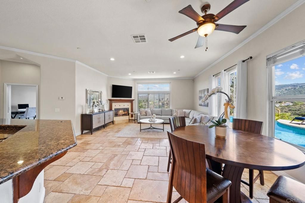 Dining room, Fireplace, Interior, Living room, Recessed Lighting