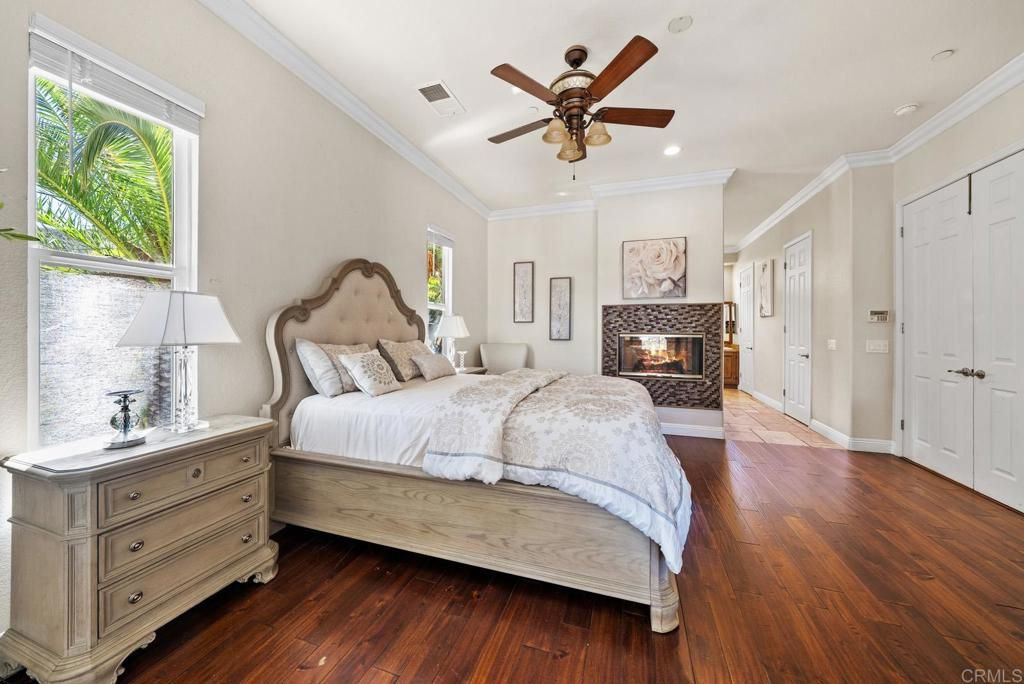 Bedroom, Fireplace, Interior, Recessed Lighting, Wood Texture Flooring