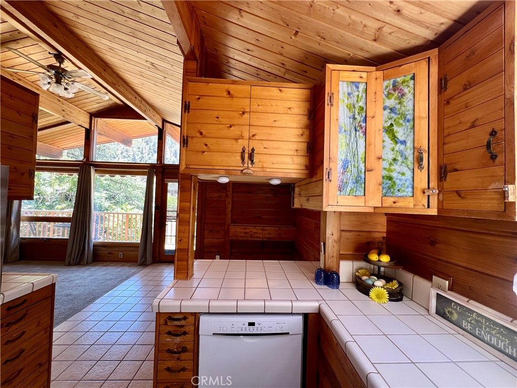 Interior, Kitchen, Tile Countertops, Wooden Ceilings, Wooden Walls