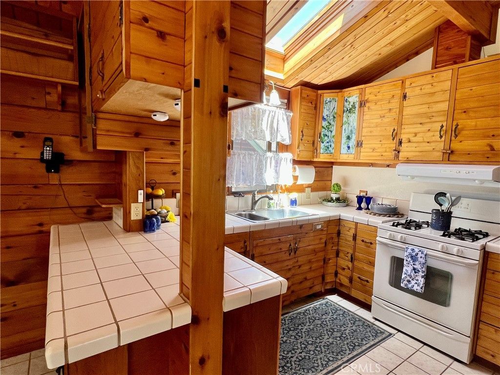 Interior, Kitchen, Tile Countertops, Wooden Ceilings, Wooden Walls