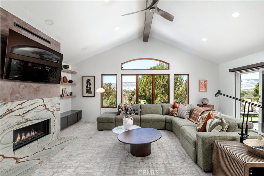 Fireplace, Interior, Living room, Recessed Lighting, Wooden Beams