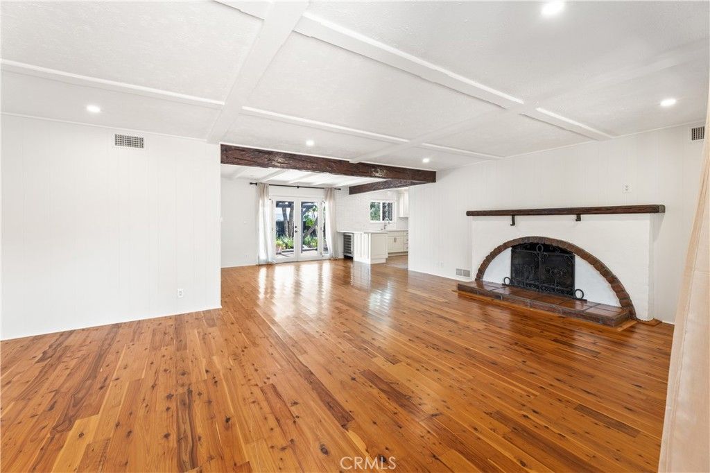 Empty room, Fireplace, Interior, Recessed Lighting, Wood Texture Flooring