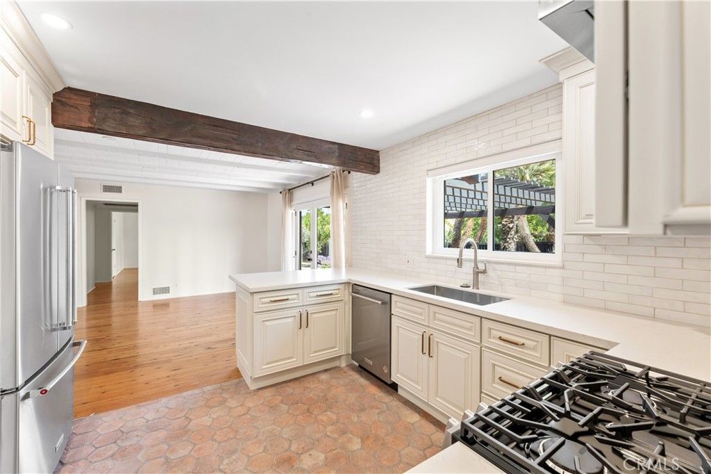 Interior, Kitchen, Recessed Lighting, Stainless Steel Appliances, Stone Walls, Wooden Beams, Wood Texture Flooring