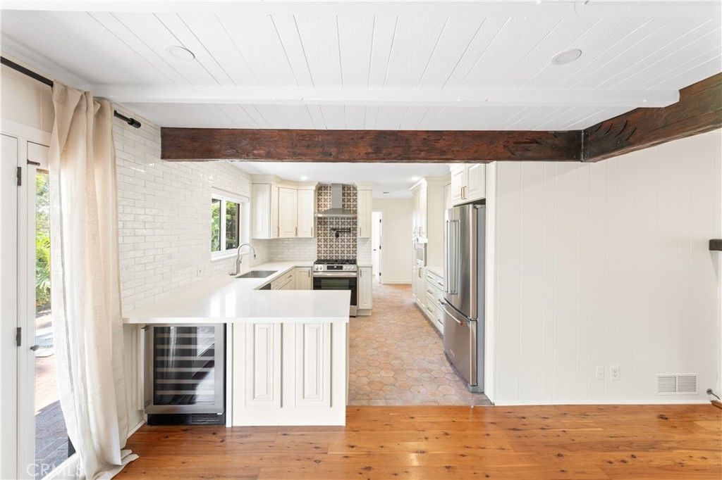 Interior, Kitchen, Recessed Lighting, Stainless Steel Appliances, Stone Walls, Wooden Beams, Wood Texture Flooring