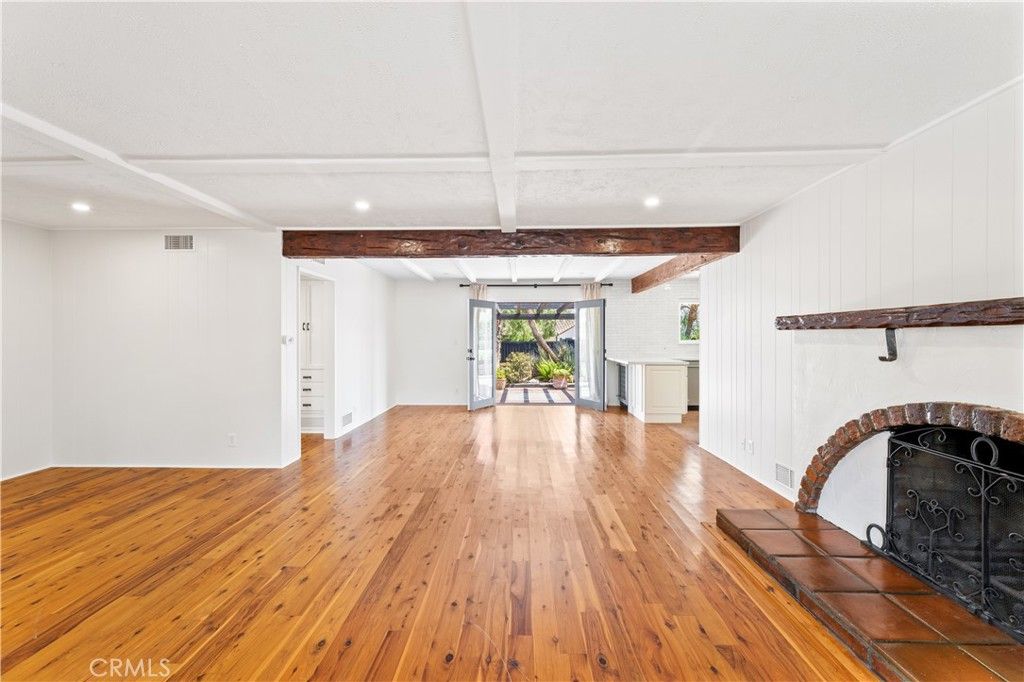 Empty room, Fireplace, Interior, Recessed Lighting, Wood Texture Flooring