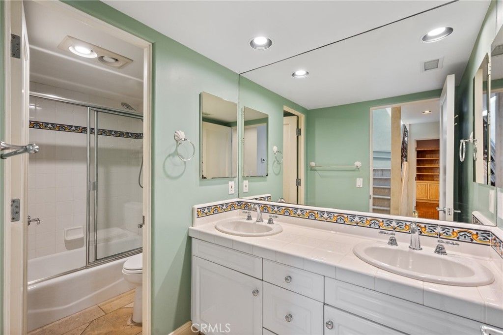 Bathroom, Dual Sink Vanities, Glass Shower, Interior, Recessed Lighting, Tile Countertops