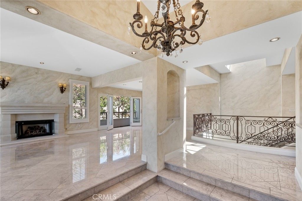 Chandelier, Fireplace, Interior, Marble Walls, Recessed Lighting