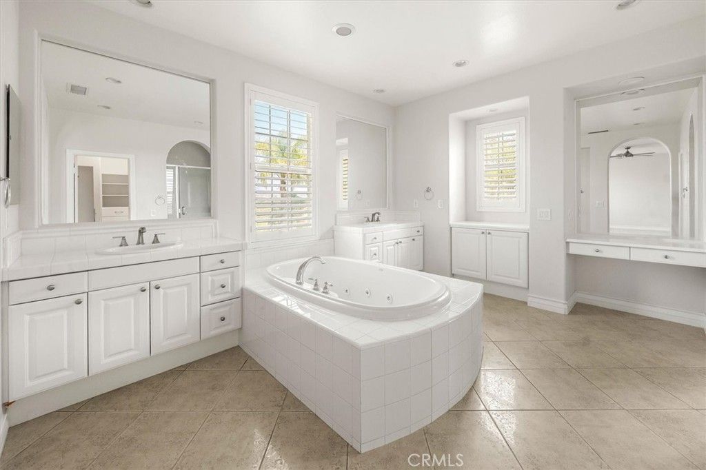 Bathroom, Dual Sink Vanities, Interior, Recessed Lighting, Tile Countertops