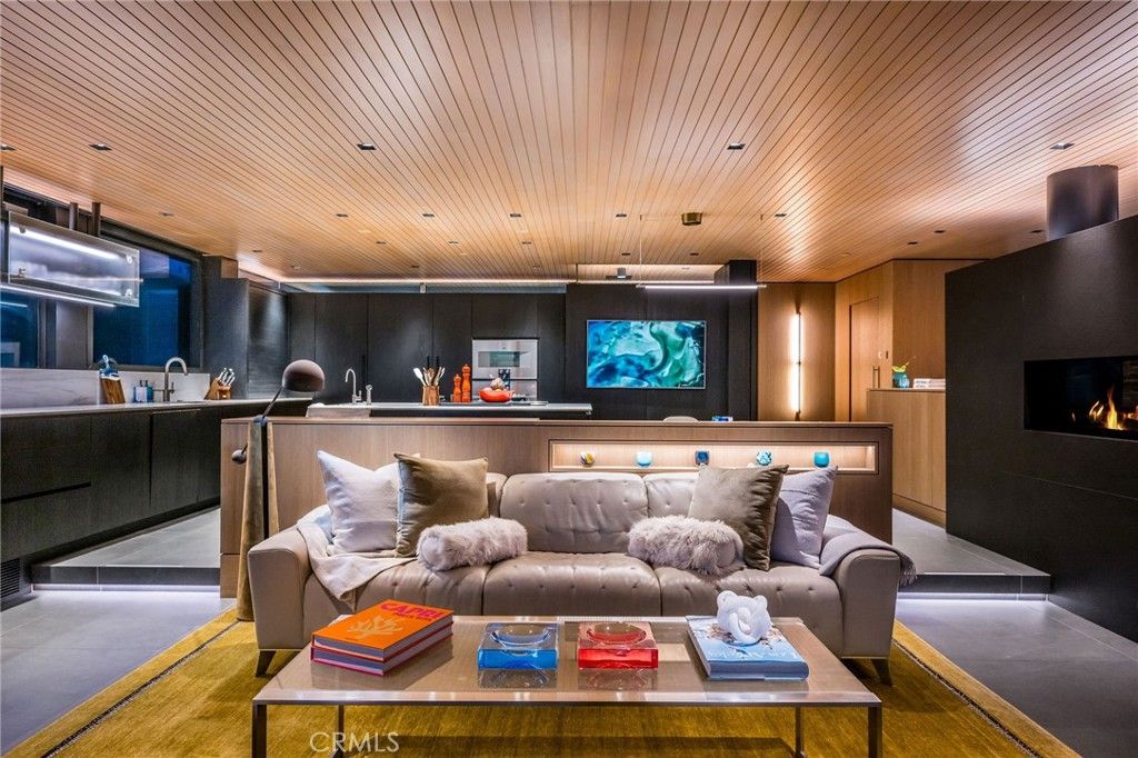 Fireplace, Interior, Living room, Recessed Lighting, Wooden Ceilings, Wooden Walls