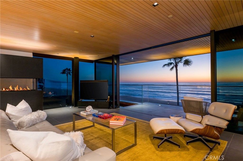 Fireplace, Interior, Living room, Recessed Lighting, Water, Wooden Ceilings