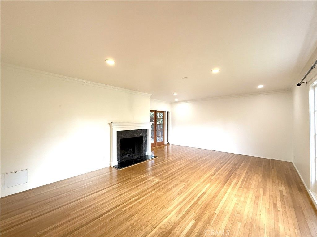 Empty room, Fireplace, Interior, Recessed Lighting, Wood Texture Flooring