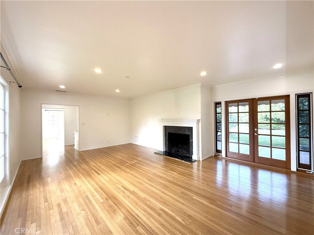 Empty room, Fireplace, Interior, Recessed Lighting, Wood Texture Flooring