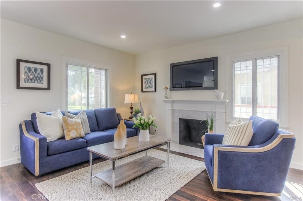 Fireplace, Interior, Living room, Recessed Lighting, Wood Texture Flooring