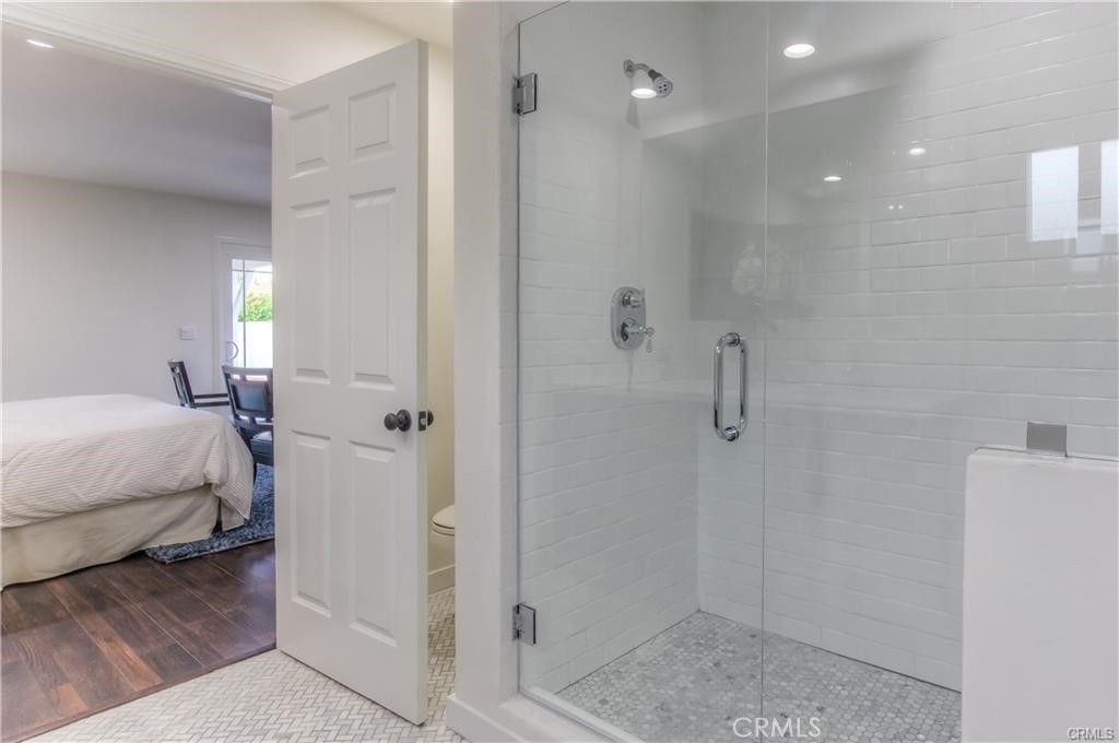 Bathroom, Bedroom, Glass Shower, Interior, Recessed Lighting, Wood Texture Flooring