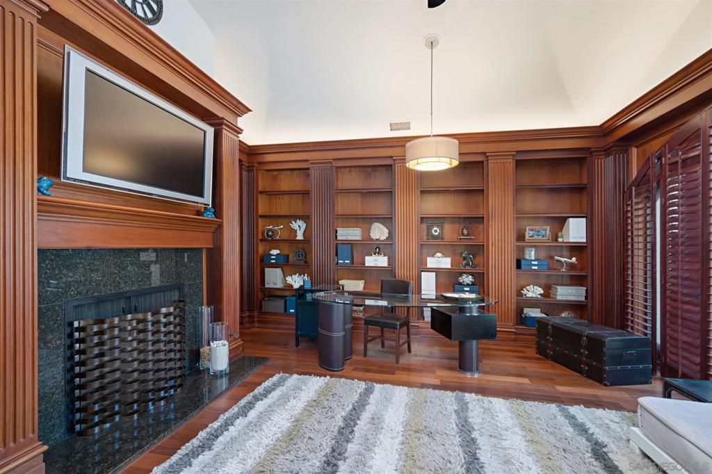 Fireplace, Home Office, Interior, Pendant Lights, Wood Texture Flooring