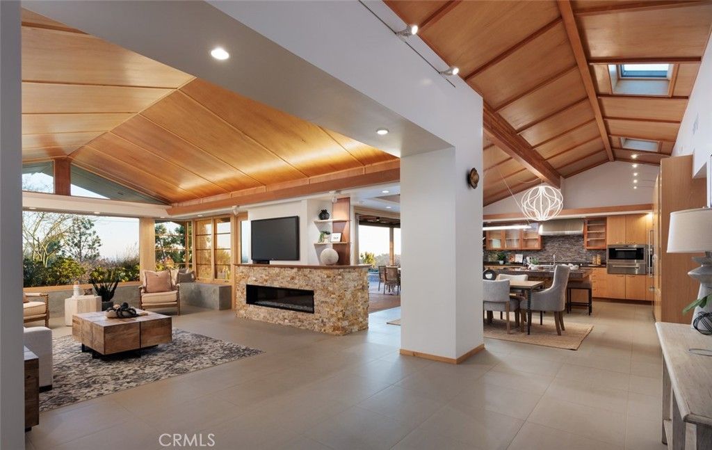 Dining room, Fireplace, Interior, Kitchen, Living room, Pendant Lights, Recessed Lighting, Stainless Steel Appliances, Wooden Beams, Wooden Ceilings