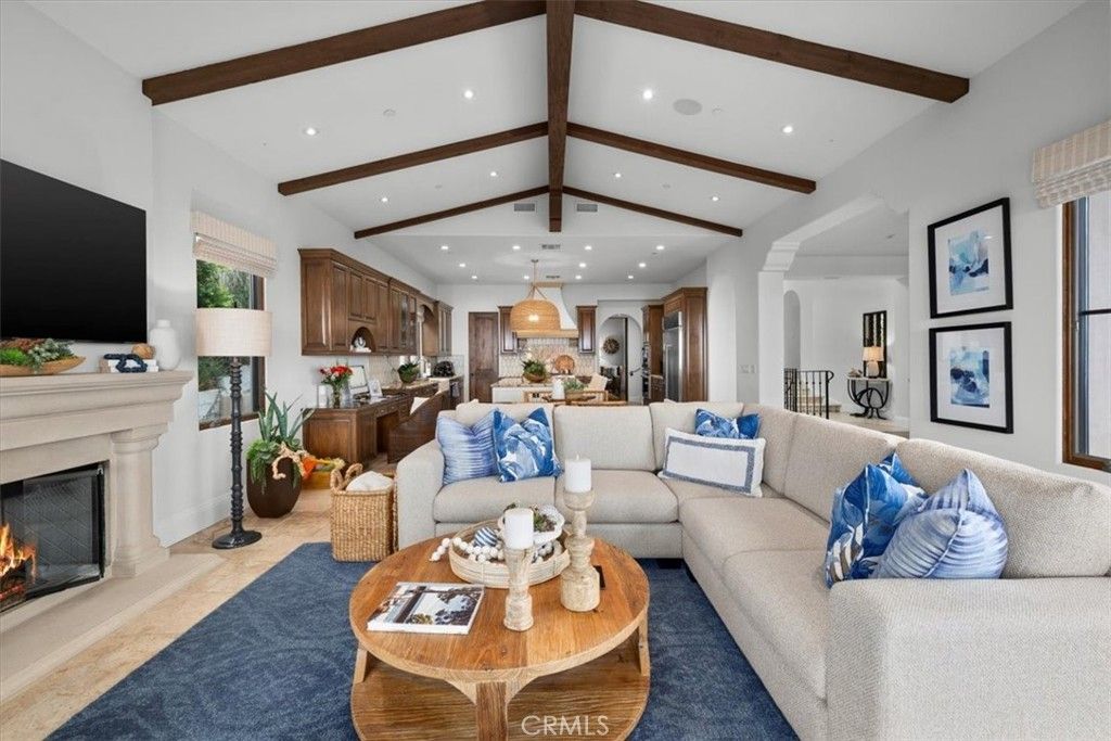 Dining room, Fireplace, Interior, Kitchen, Living room, Pendant Lights, Recessed Lighting, Wooden Beams