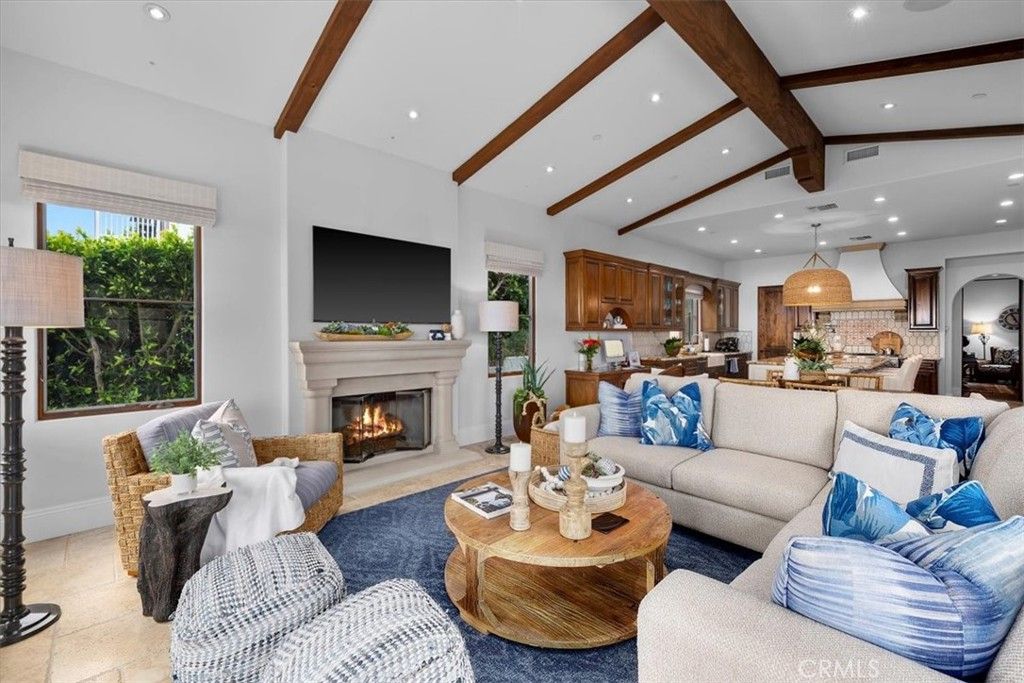 Fireplace, Interior, Kitchen, Living room, Pendant Lights, Recessed Lighting, Stainless Steel Appliances, Wooden Beams