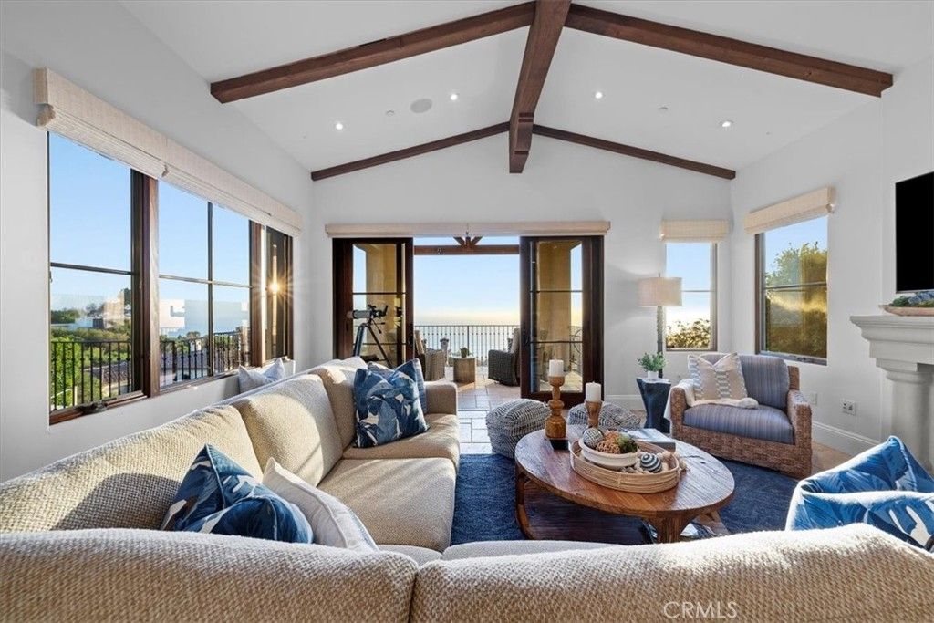 Fireplace, Interior, Living room, Recessed Lighting, Water, Wooden Beams