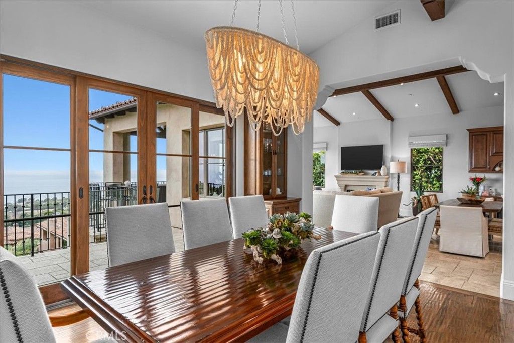 Chandelier, Dining room, Interior, Living room, Recessed Lighting, Wooden Beams, Wood Texture Flooring