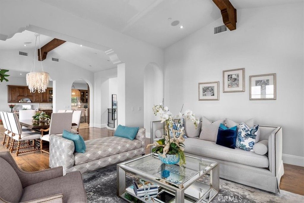 Chandelier, Dining room, Interior, Living room, Recessed Lighting, Wooden Beams, Wood Texture Flooring