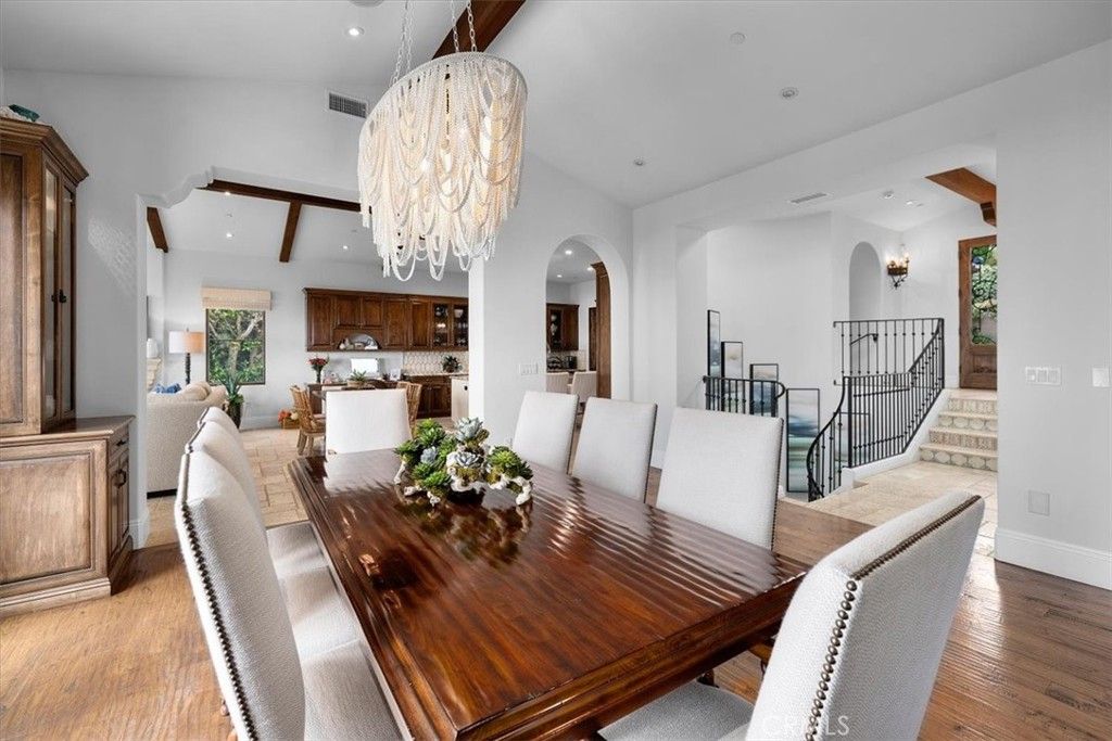 Chandelier, Dining room, Interior, Kitchen, Living room, Recessed Lighting, Wood Texture Flooring