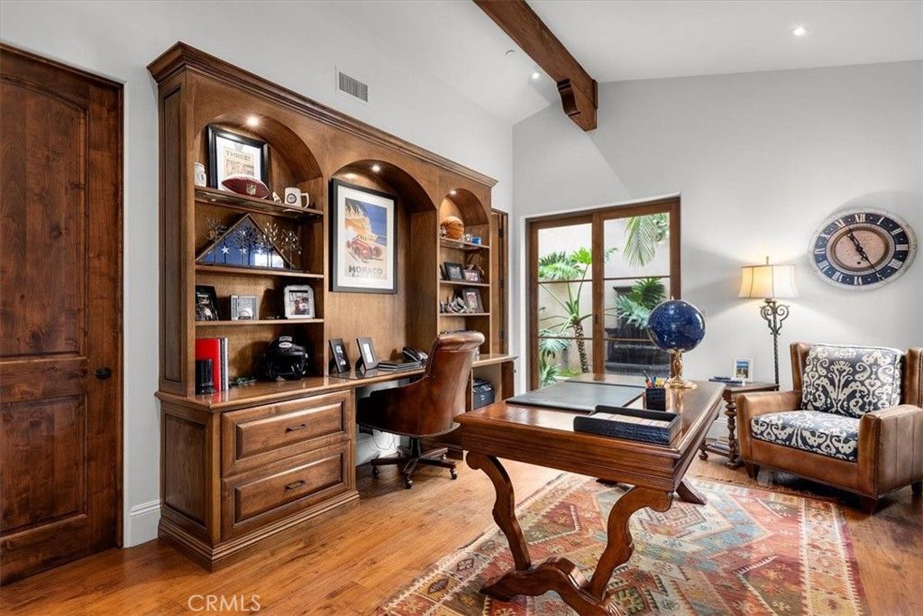 Home Office, Interior, Recessed Lighting, Wooden Beams, Wood Texture Flooring