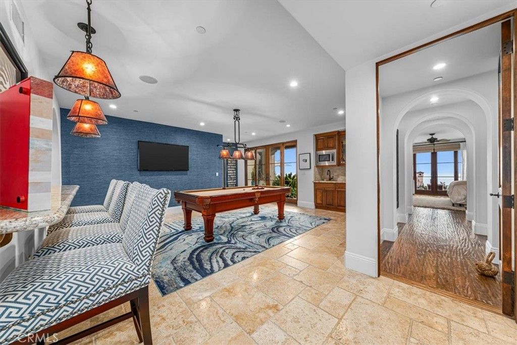 Billiard Table, Game Room, Interior, Pendant Lights, Recessed Lighting, Wood Texture Flooring