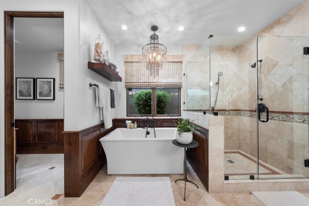 Bathroom, Chandelier, Free Standing Baths, Glass Shower, Interior, Recessed Lighting