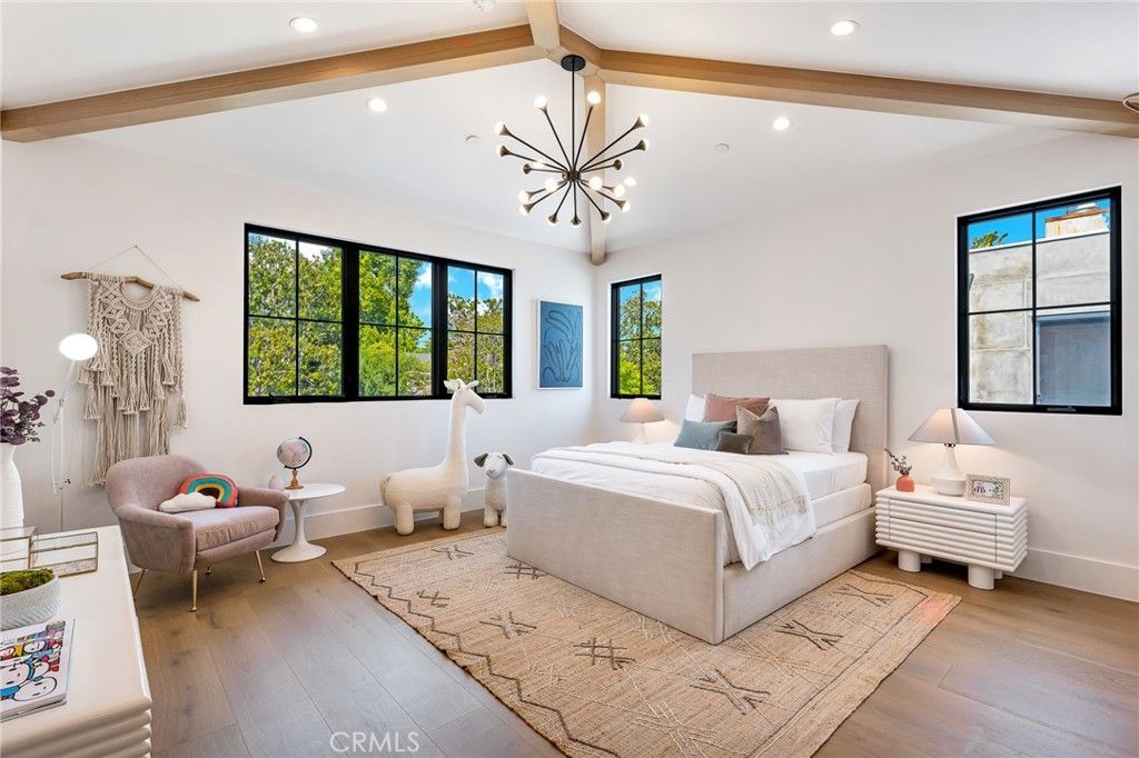 Bedroom, Interior, Pendant Lights, Recessed Lighting, Wooden Beams, Wood Texture Flooring