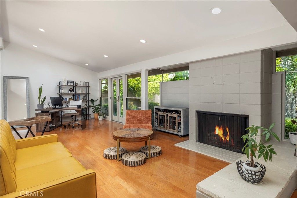Fireplace, Home Office, Interior, Recessed Lighting, Wood Texture Flooring