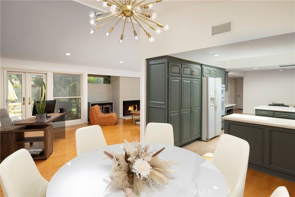 Dining room, Fireplace, Interior, Kitchen, Living room, Pendant Lights, Recessed Lighting, Wood Texture Flooring