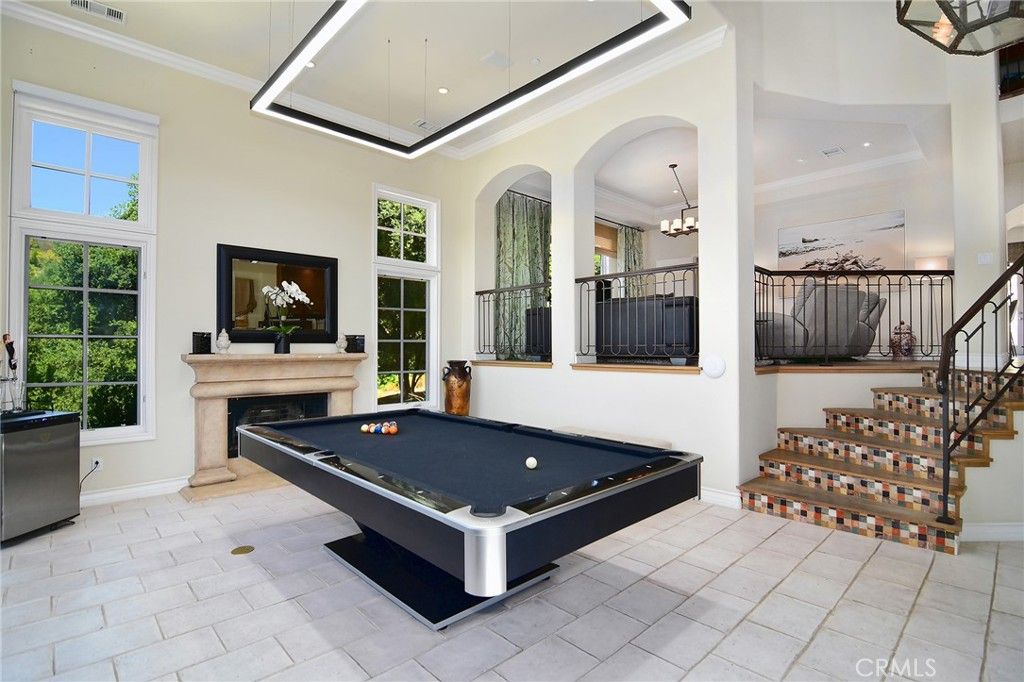 Billiard Table, Chandelier, Fireplace, Game Room, Interior, Pendant Lights, Recessed Lighting