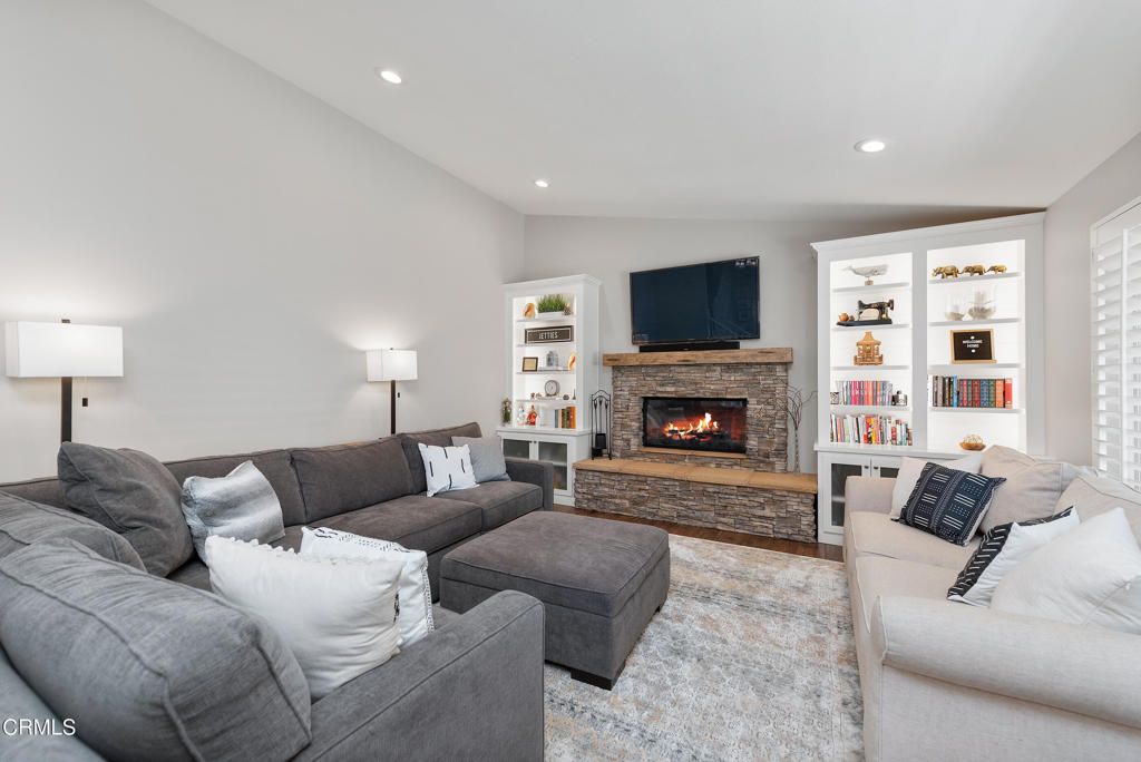 Fireplace, Interior, Living room, Recessed Lighting, Wood Texture Flooring
