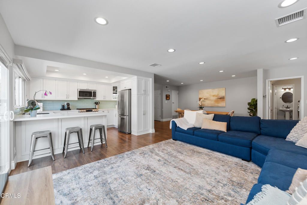 Interior, Kitchen, Living room, Recessed Lighting, Stainless Steel Appliances, Wood Texture Flooring