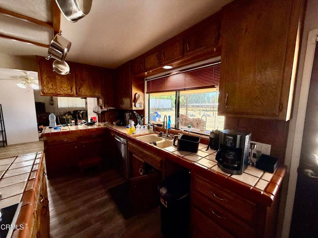 Interior, Kitchen, Tile Countertops, Wood Texture Flooring