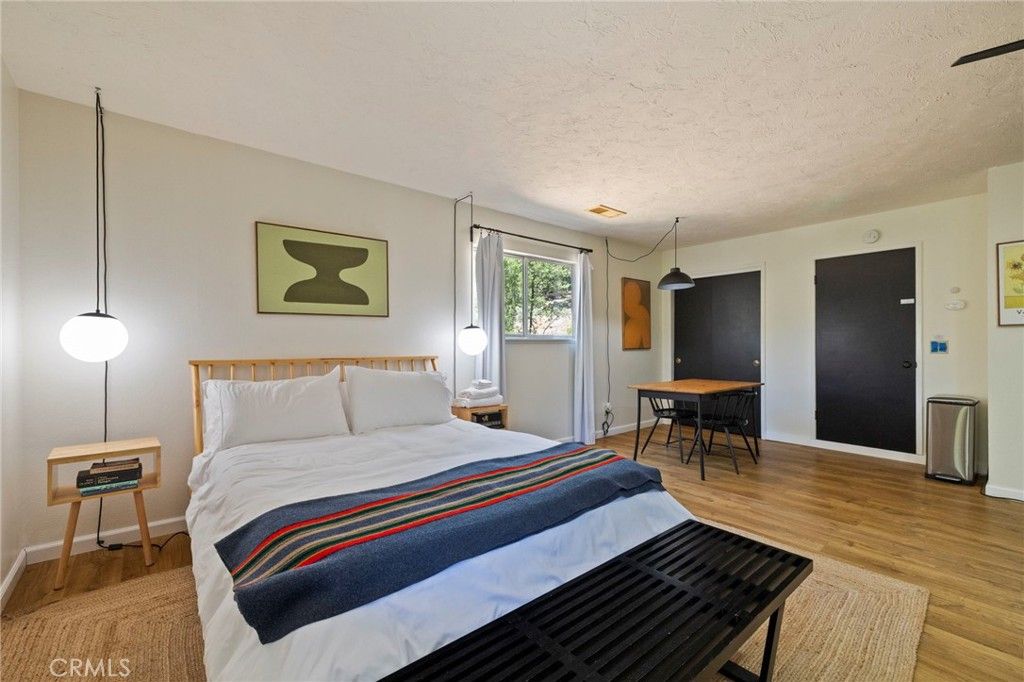 Bedroom, Dining room, Interior, Pendant Lights, Wood Texture Flooring