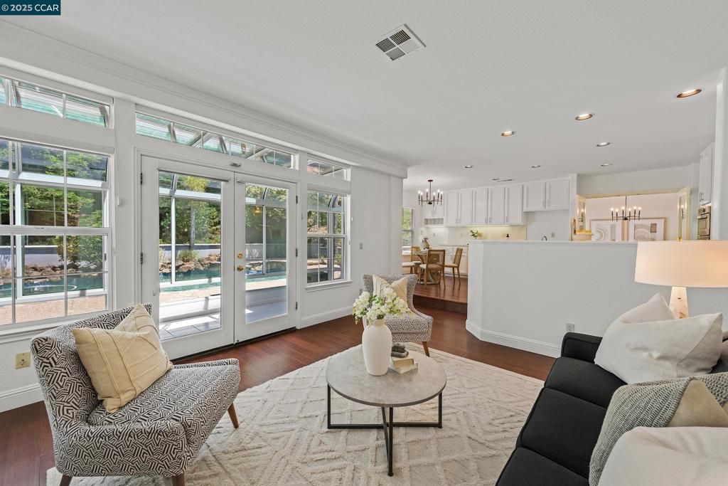 Chandelier, Dining room, Interior, Living room, Recessed Lighting, Wood Texture Flooring