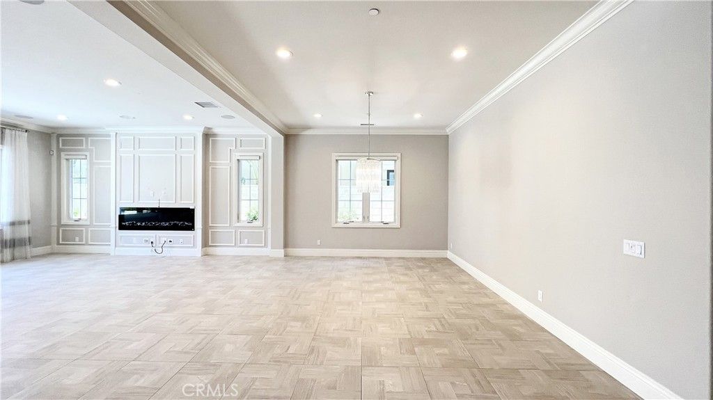 Empty room, Interior, Pendant Lights, Recessed Lighting, Wood Texture Flooring