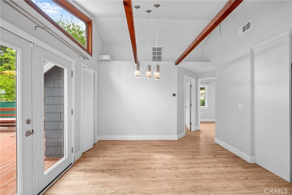Empty room, Interior, Pendant Lights, Wooden Beams, Wood Texture Flooring
