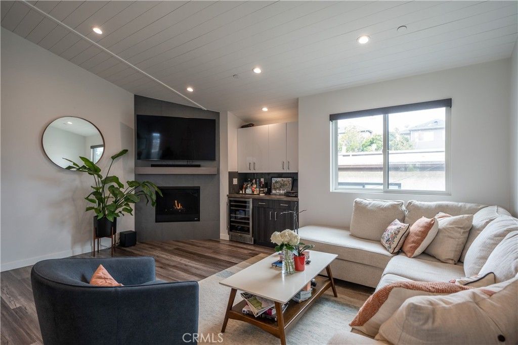 Fireplace, Interior, Living room, Recessed Lighting, Wood Texture Flooring