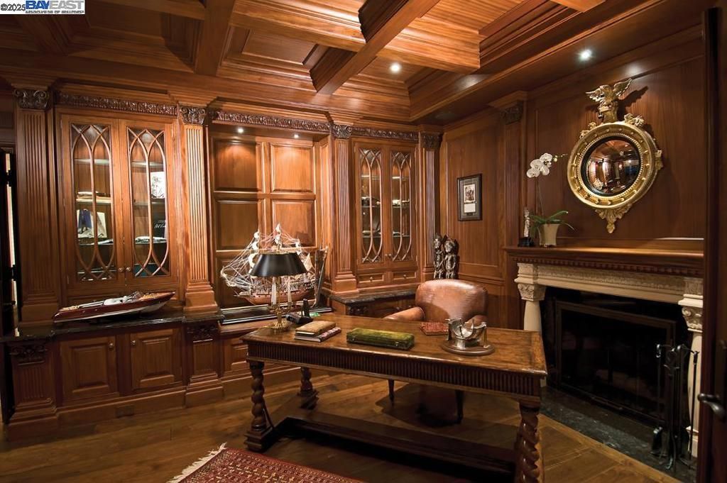 Fireplace, Home Office, Interior, Recessed Lighting, Wooden Beams, Wooden Ceilings, Wood Texture Flooring, Wooden Walls