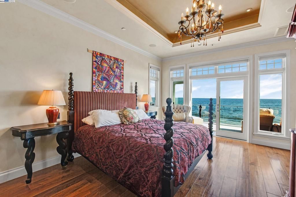 Bedroom, Chandelier, Interior, Recessed Lighting, Water, Wood Texture Flooring