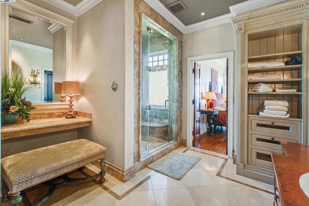 Bathroom, Glass Shower, Interior, Recessed Lighting, Wood Texture Flooring