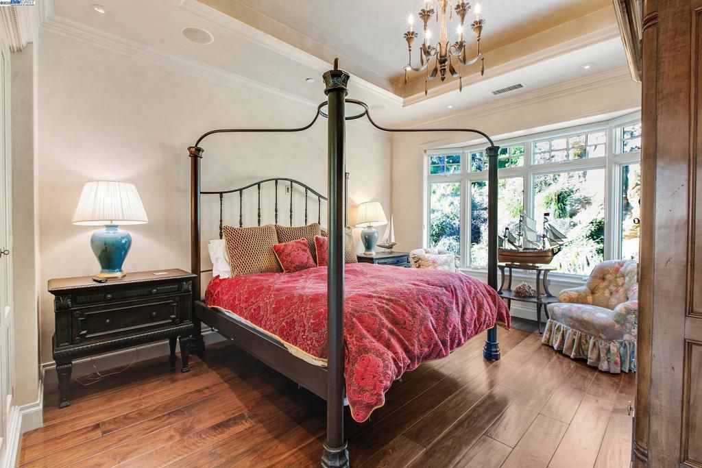 Bedroom, Chandelier, Interior, Recessed Lighting, Wood Texture Flooring