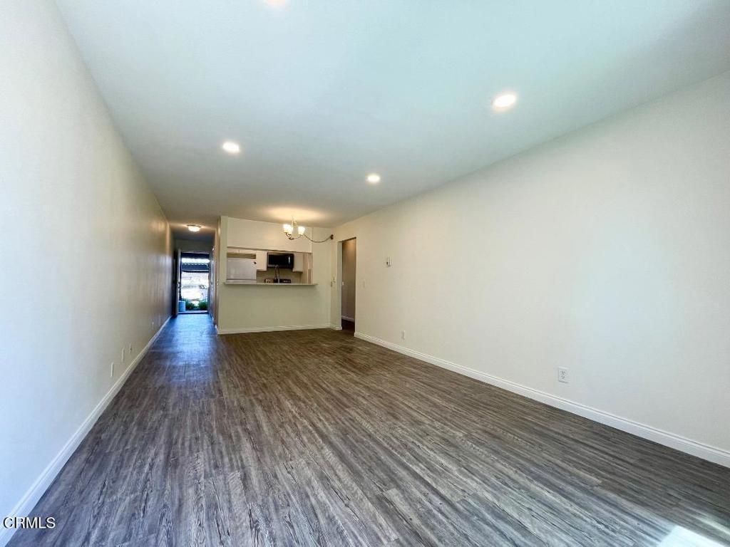 Empty room, Interior, Kitchen, Recessed Lighting, Wood Texture Flooring