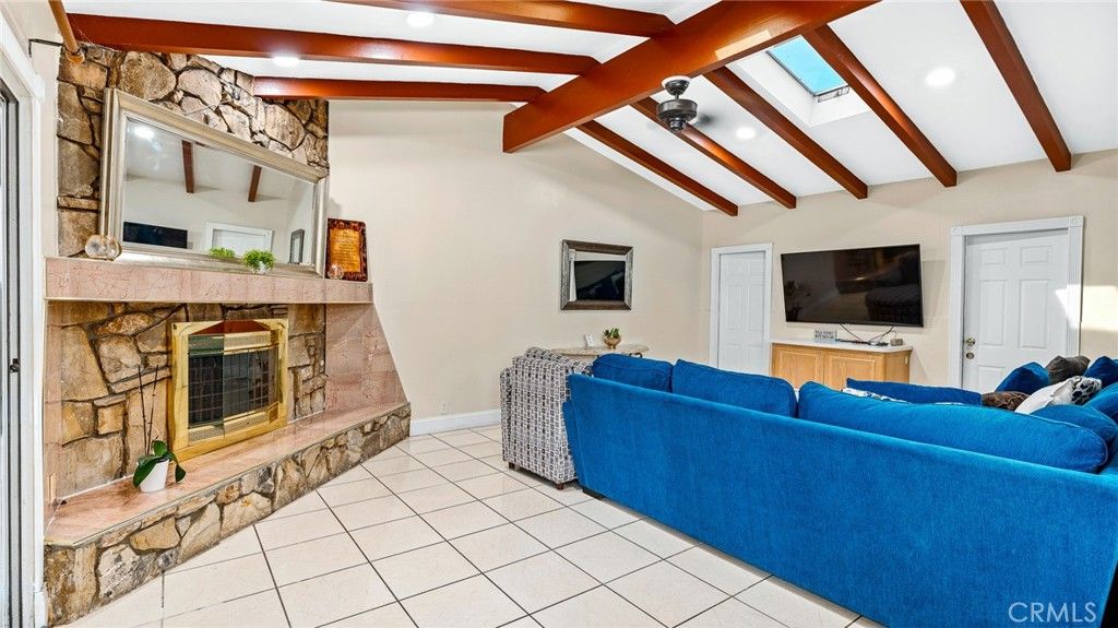 Fireplace, Interior, Living room, Recessed Lighting, Wooden Beams