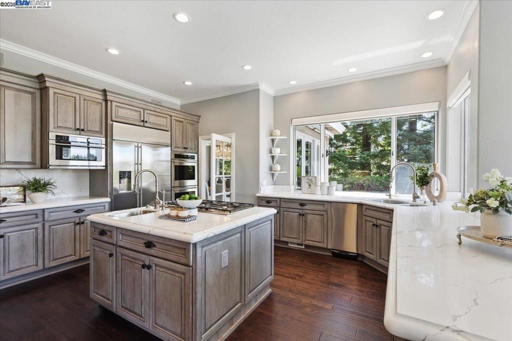 Interior, Kitchen, Recessed Lighting, Stainless Steel Appliances, Wood Texture Flooring