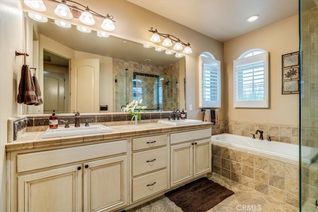 Bathroom, Dual Sink Vanities, Glass Shower, Interior, Recessed Lighting, Tile Countertops
